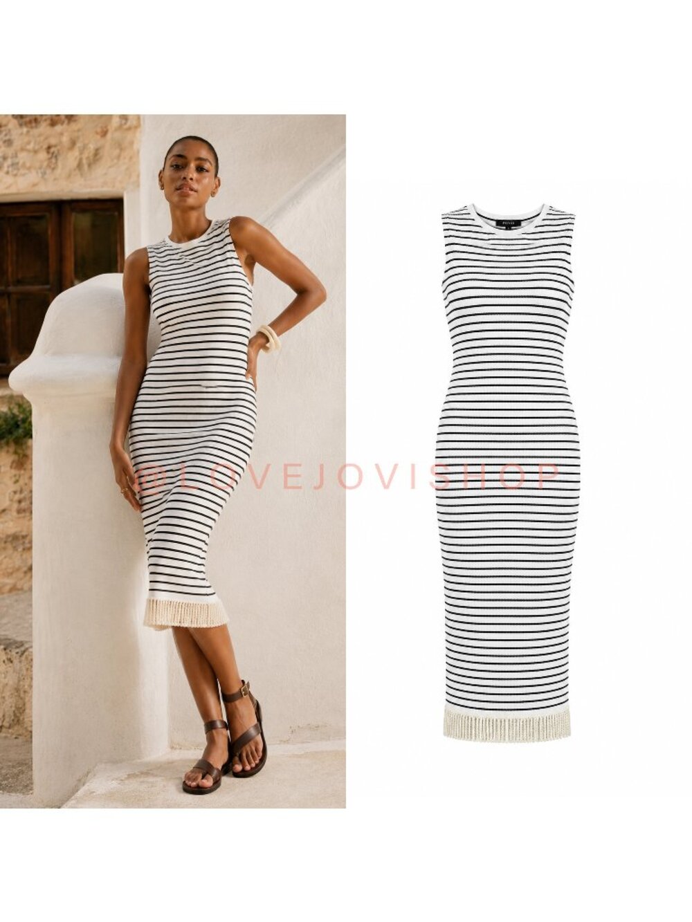 Coastal | Vila Sleeveless Striped Midi Dress | Bouillon Fringe Off White Navy XL